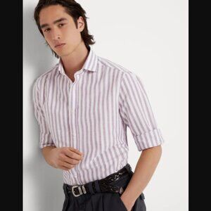 Brunello Cucinelli Vertical-Stripe Lavender Hemp Long Sl Button Down Shirt $576